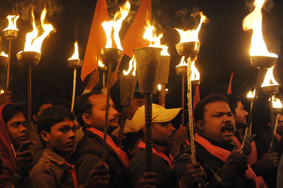 Bajrang Dal members in Amristar mark the 22nd anniversary of the demolition of the Babri Masjid in Ayodhya. Image: AFP