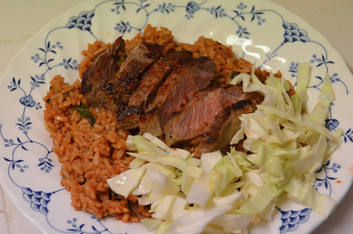 Chile-Rubbed Steaks with Quick Kimchi & Tomato Rice