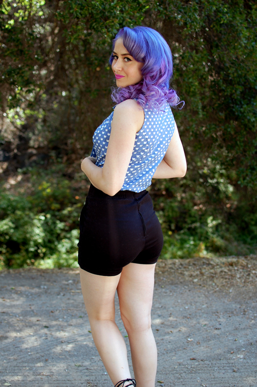 Heart of Haute Ella Top in Blue Kitty Faces Laura Byrnes Black Sateen Shorts