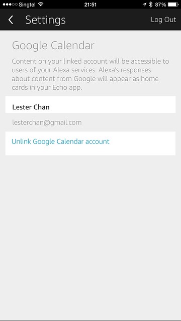 Amazon Echo iOS App - Settings - Google Calendar