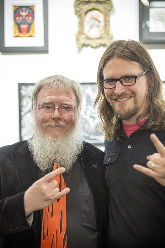 Magus Peter H Gilmore, High Priest of the Chuch of Satan with gallery co-owner Andy Howl