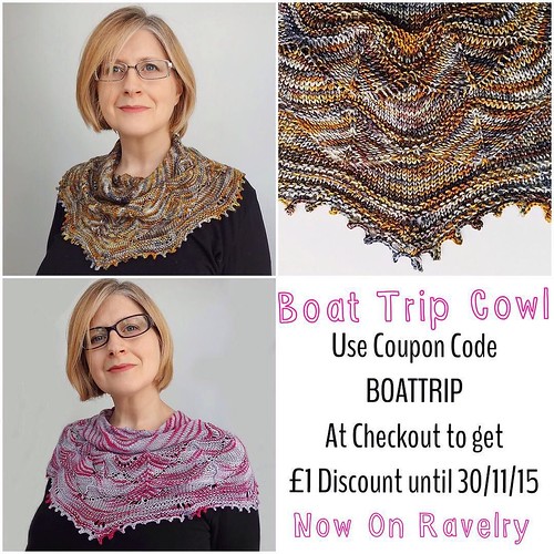 The Boat Trip Cowl pattern uses less than 300m 4-ply/sock weight yarn. It is now available on Ravelry with a £1 discount until 30th November using BOATTRIP at checkout. #craft