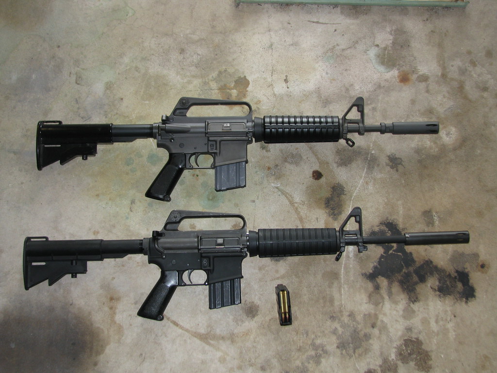 My XM177E2 clone is on top, his GAU on the bottom. 
