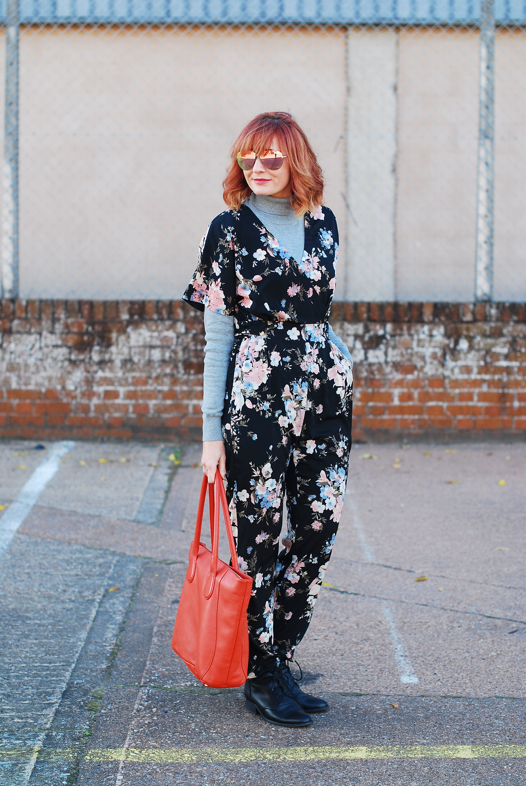 Dark floral jumpsuit styled for autumn / fall / winter layered with a roll neck, boots | Not Dressed As Lamb, over 40 style
