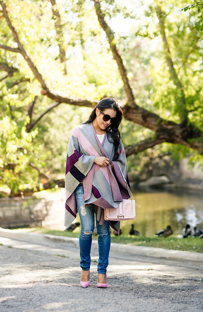 cute & little blog | petite fashion | talbots plaid wrap, minkoff pink love crossbody, pink pumps | fall winter outfit