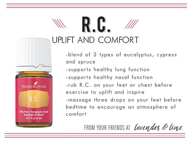This week I'm featuring the Young Living essential oil blend: R.C.   We try to always have this on hand to help support healthy respiratory and nasal function- especially this time of year.   I use this (diluted with a carrier oil) on Brady a lot when he'