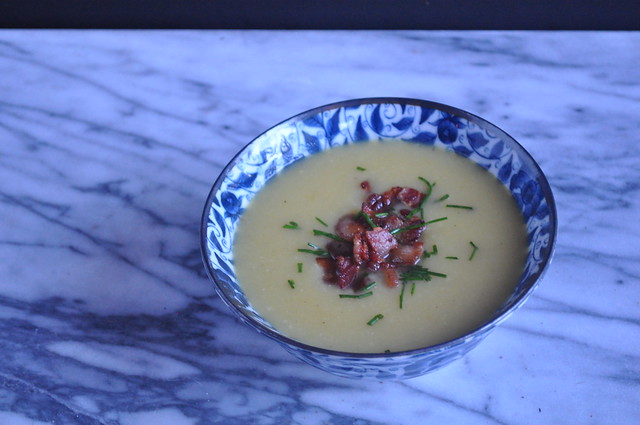 Potato-Leek Soup topped with Chopped Bacon and Chives