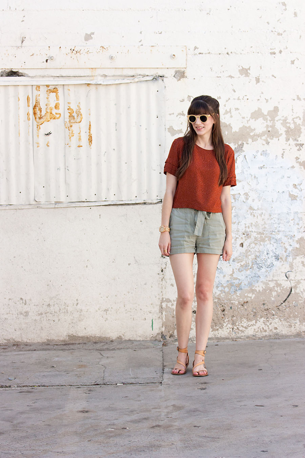 Green Tie Waist Shorts, Rust Cropped Top, Wooden Accessories
