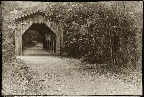 railroad bridge sepia coveredbridges trestles walkingtrails adobelightroom nikond60 backroadphotography silverefexpro2