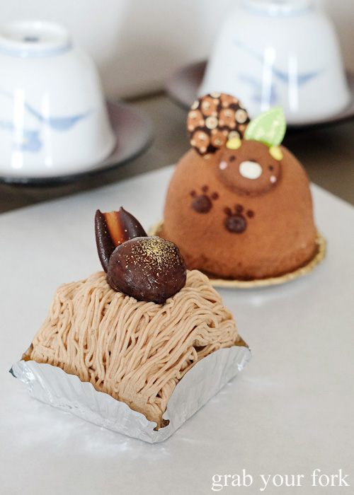 Mont Blanc chestnut dessert and chocolate mousse cake in Hakodate, Japan