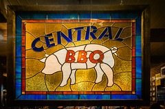 Central BBQ features a pig-themed stained glass window in Memphis Tennessee