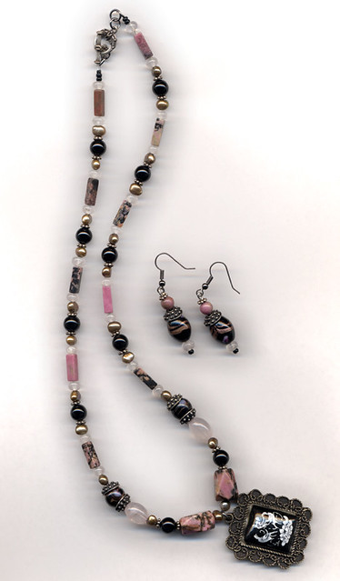 Persian enamel pendant with rhodonite, rose quartz and onyx necklace