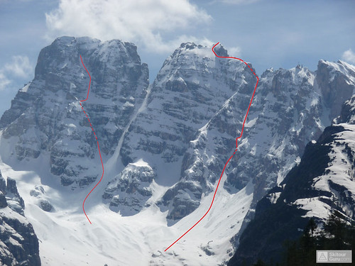 takto vypadá skiextrém, Innerkoflerrinne, 56° a Canale Vallencant, 55° v masívu Monte Cristallo, foto Miro Peťo