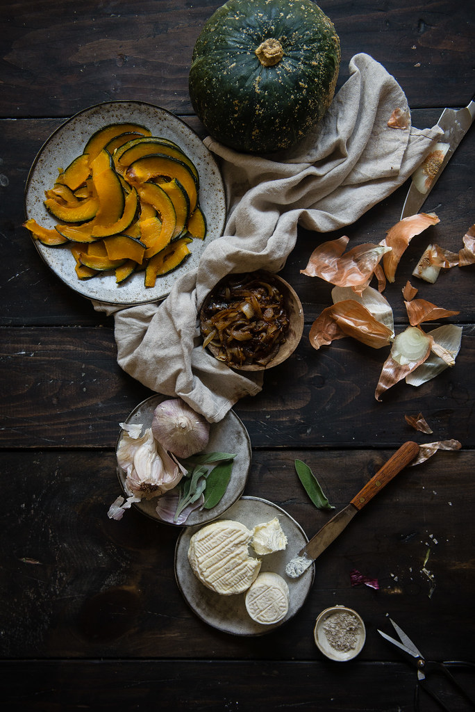 kabocha, goat cheese, & caramelized onion galette | two red bowls