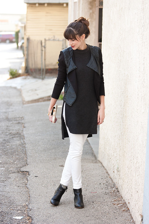 Tunic Sweater, White Jeans, Leather Jacket