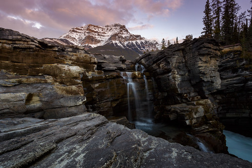 athabasca falls jasper national park nature outdoor sunset dusk evening nightfall cloud sky rockies rocky mountain north west alberta canada rock stone tree forest water waterfall river wow