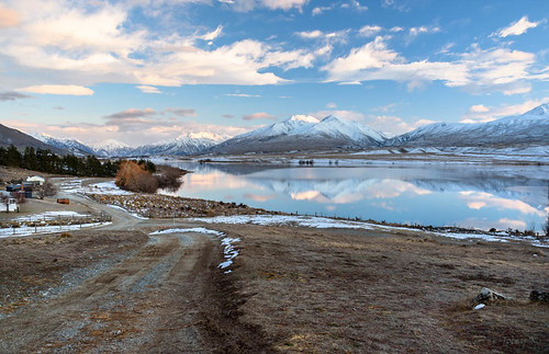 road trees newzealand sky lake snow clouds sunrise reflections mountians lakeclearwater canterburyhighcountry triptolakeclearwateraug12132015 lakeclearwaterarea