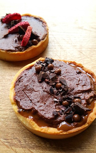 1. Chocolate mousse, hazelnut and nutella tart 2. Salted caramel, chocolate mousse and strawberries tart
