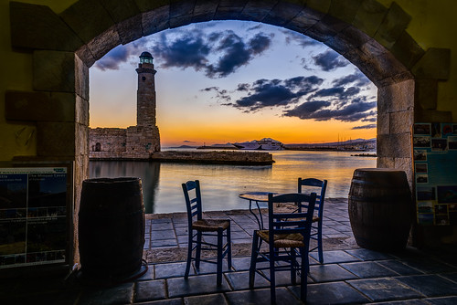 sea lighthouse sunrise table chairs harbour barrels crete posters paving hdr rethymno
