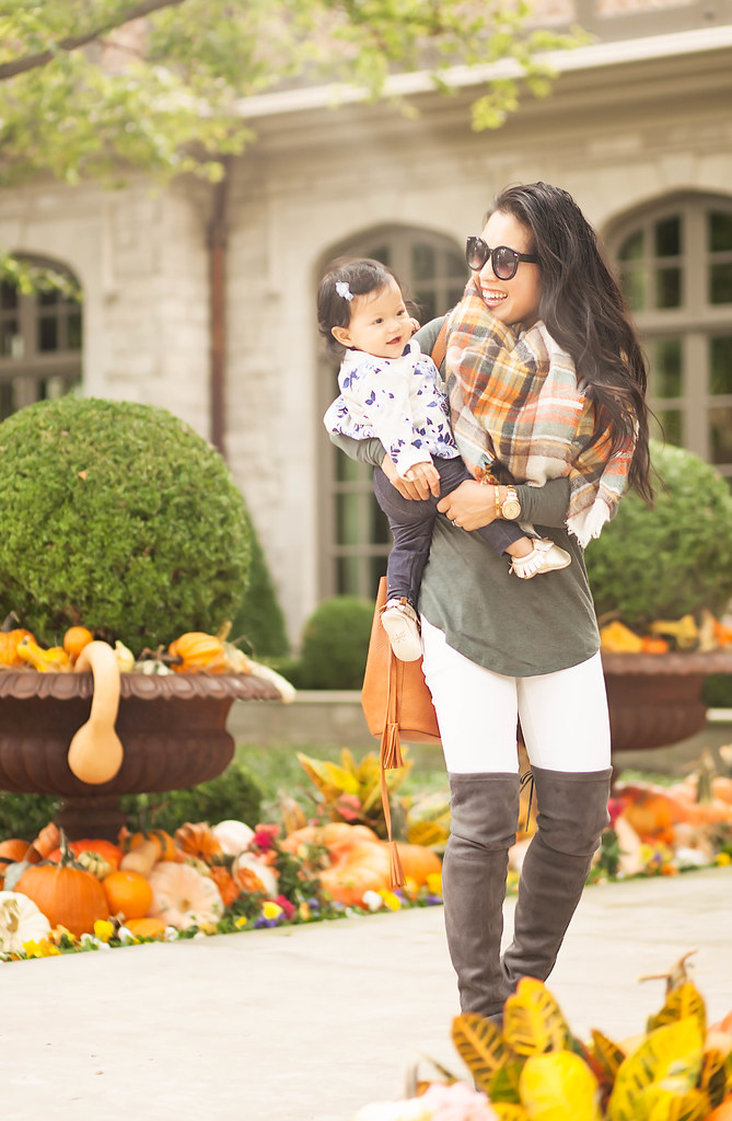 cute & little blog | petite fashion | olive green tunic, white jeans, steve madde gorgeous grey over knee thigh high boots, fringe bucket bag, plaid blanket scarf | fall outfit