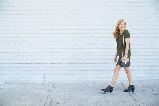 black booties and shift dress