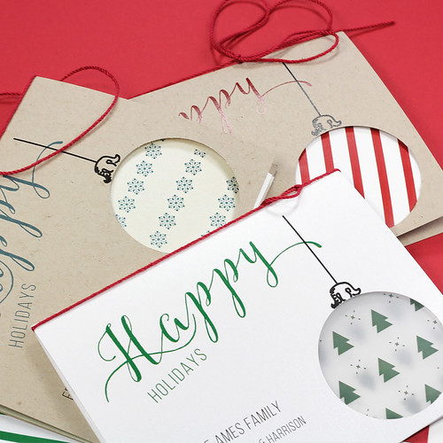 three printable holiday cards with ornament cutout