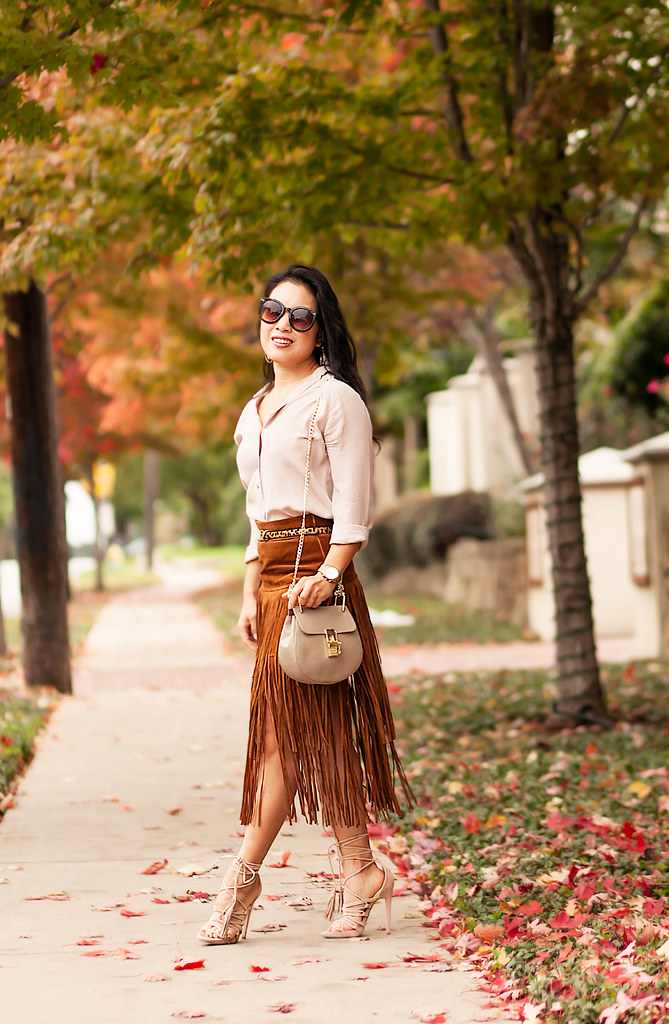 cute & little blog | petite fashion | everlane silk blouse, suede fringe skirt, lace-up nude heel sandals, chloe drew | fall outfit