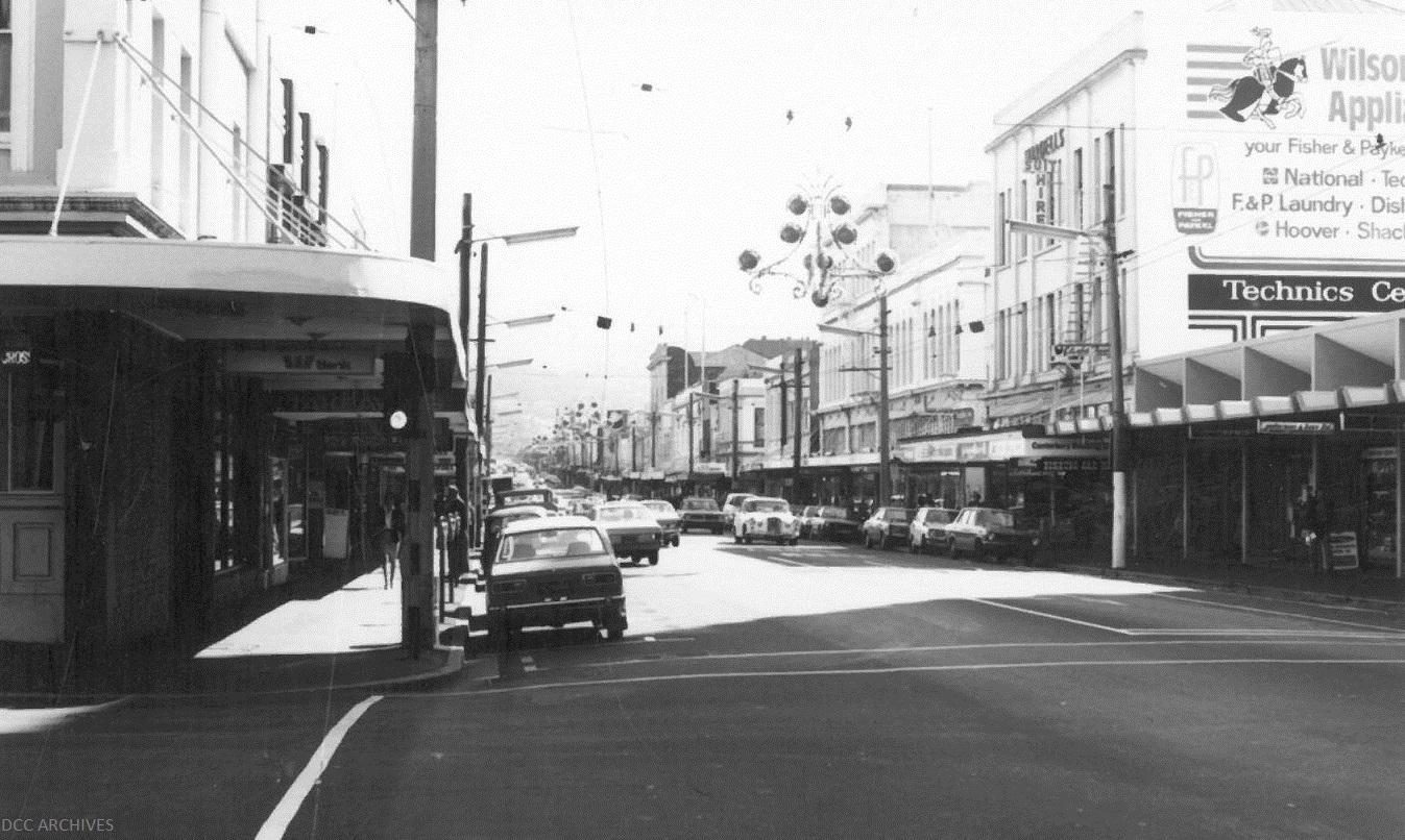 George Street with Christmas decorations c1973
