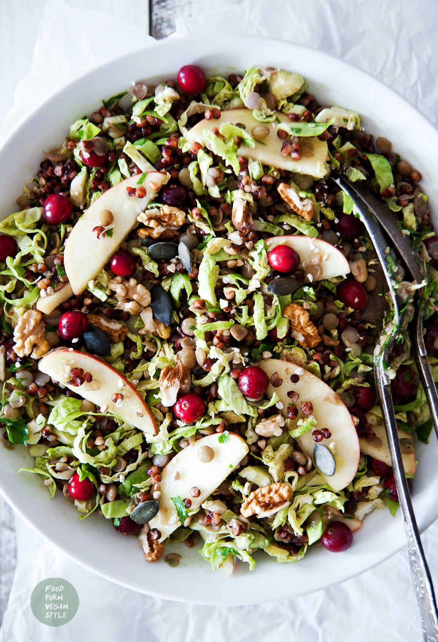 VEGAN AUTUMN SALAD WITH SORGHUM GRAINS, LENTILS, BRUSSELS SPROUTS, CRANBERRIES AND PURYA! RAW PUMPKIN SEED OIL