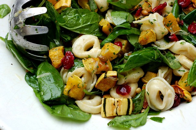 Roasted Delicata Squash & Tortellini Salad With Spinach, Cranberries & Pepitas by Eve Fox, Garden of Eating blog, copyright 2011