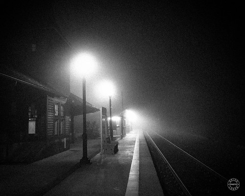 new york railroad bw newyork film monochrome station night train landscape us noir unitedstates outdoor foggy rail tuxedo transportation filmnoir conditions tuxedopark tuxedostation