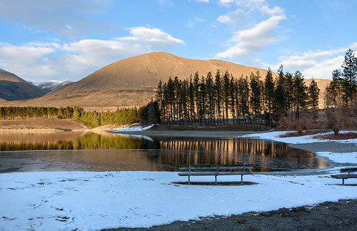 trees newzealand sky snow clouds sunrise reflections bench seats mountians icey lakecamp canterburyhighcountry triptolakeclearwateraug12132015 lakeclearwaterarea