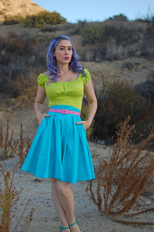 Pinup Girl Clothing Pinup Couture Peasant Top in Chartreuse Lime and Little Jun Skirt in Pale Turquoise Blue
