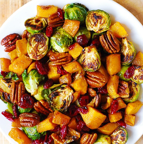 Roasted Brussels Sprouts, Cinnamon Butternut Squash, Pecans, and Cranberries