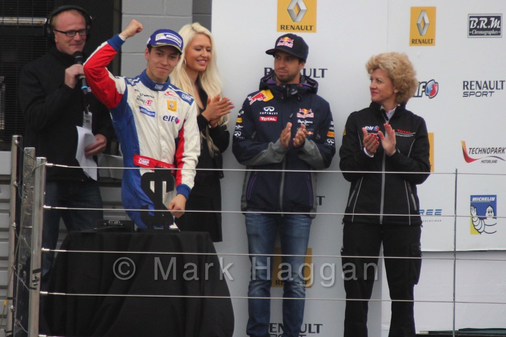 Podium Celebrations for Saturday's Formula Renault 2.0 Race 1 at Silverstone in WSR 2015