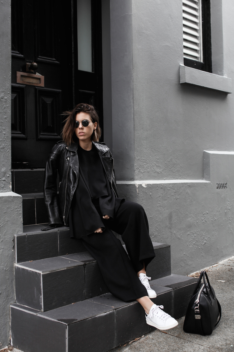 Adidas Stan Smith, black, off duty street style, BLK DNM leather biker jacket, Givenchy Antigona medium bag, fashion blogger, modern legacy