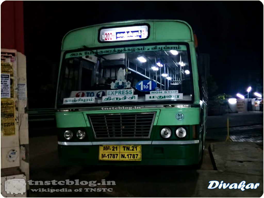 TN-21N-1787 of Orikkai Depot Route 202M Kanchipuram - Madurai via Vandavasi, Tindivanam, Villupuram, Trichy.