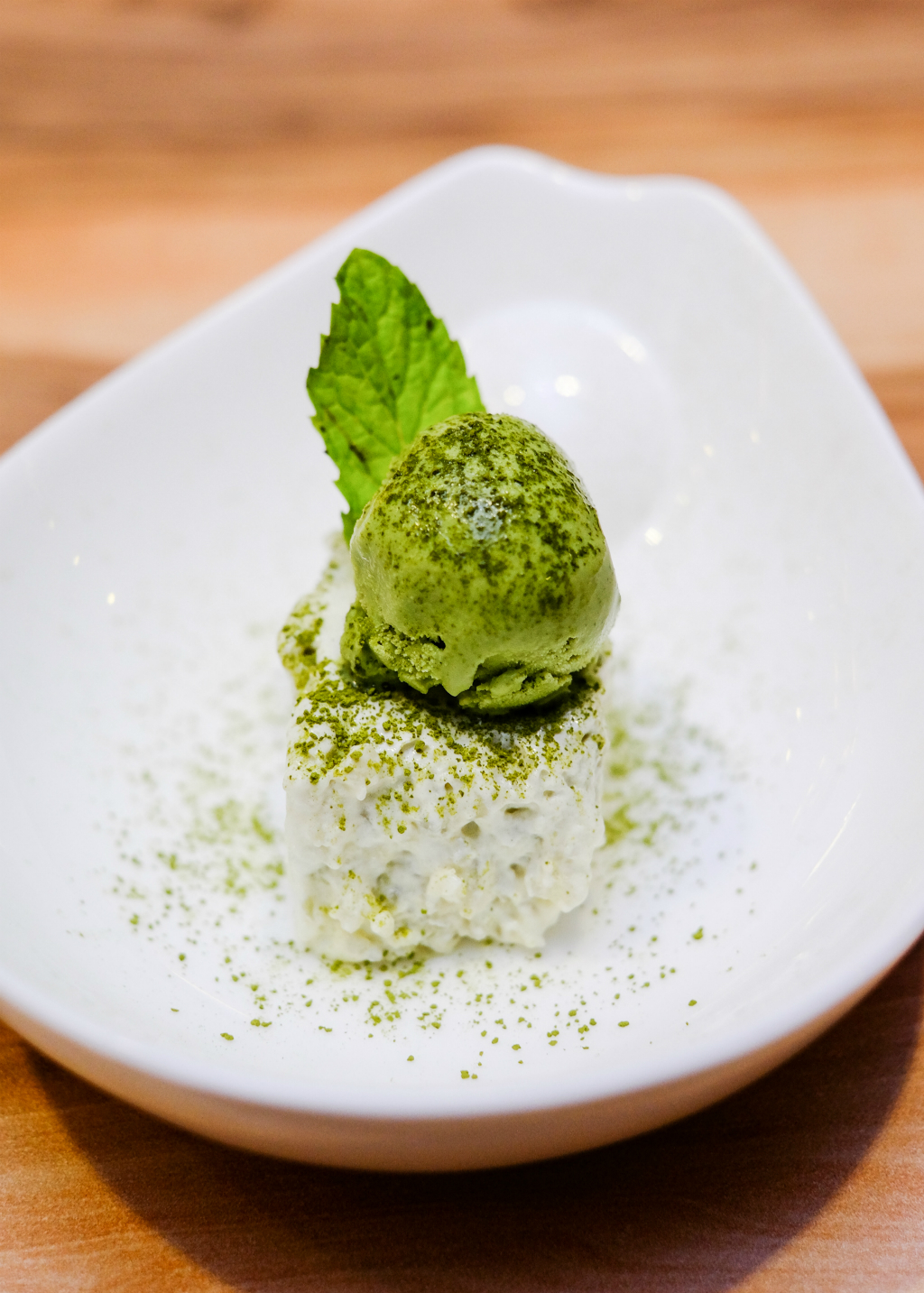 Cho Omakase: smooth and soft rice pudding served with matcha ice cream