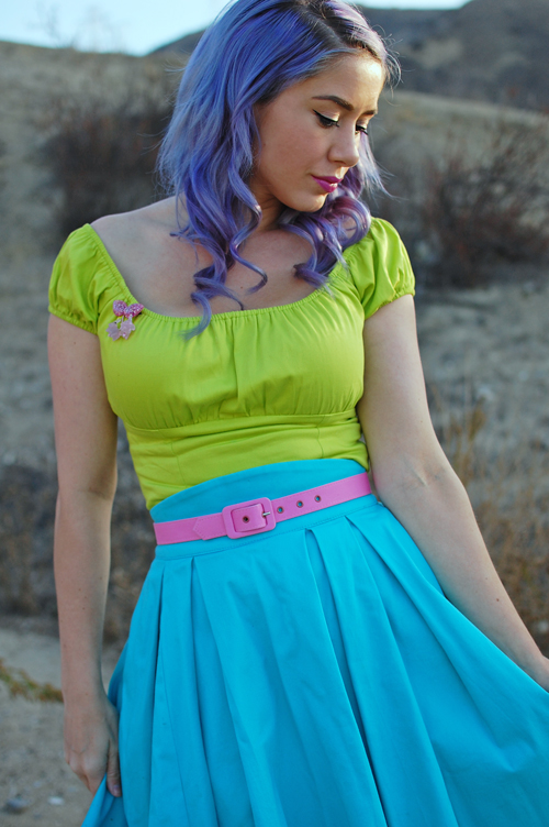 Pinup Girl Clothing Pinup Couture Peasant Top in Chartreuse Lime and Little Jun Skirt in Pale Turquoise Blue