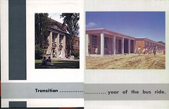 1961 AHS Spirit yearbook inside: Transition year of the bus ride to the new high school 2 side by side pages left side is the old AHS right side is the new AHS