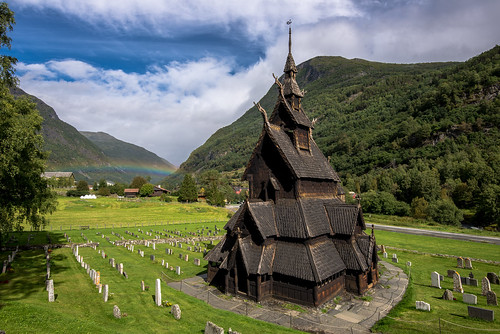 borgund stave church stavkyrkje laerdal norway famous old monument landscape rainbow sun summer green field mountain norge norvege travel vacation nature tree cloud blue sky nikon d610 afs 1635 vr wide angle fjordane lightroom