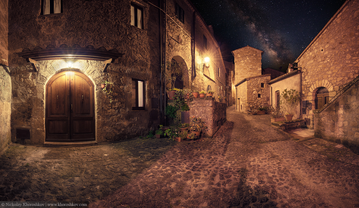 Medieval town Sorano street at night
