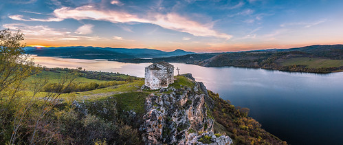 sunset sky panorama lake mountains water beautiful clouds landscape hill chapel bulgaria lobosh pchelina