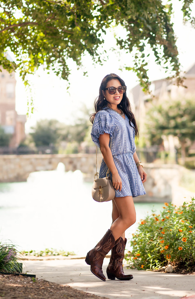 cute & little blog | petite fashion | chambray embroidered dress, ariat cowboy boots, chloe drew crossbody | summer fall transition outfit