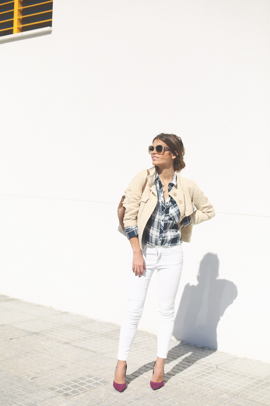 8. jessie chanes - checkered shirt white coated jeans burgundy heels