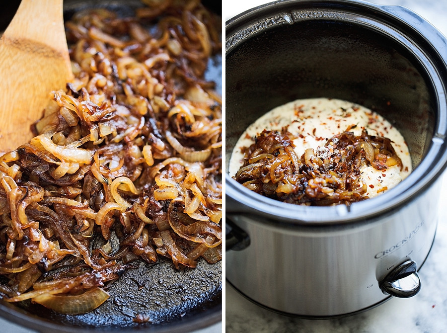 caramelized onions in cast iron and dip ingredients in slow cooker