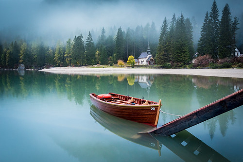 green forest lake lago braies prags boat wood wooden stairs chapel church walk reflections morning sunrise