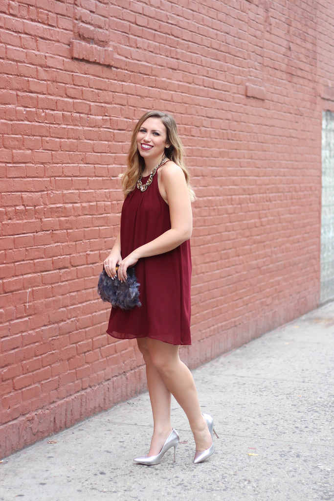 Burgundy Trapeze Dress | Silver Metallic Pumps | Holiday Christmas Outfit