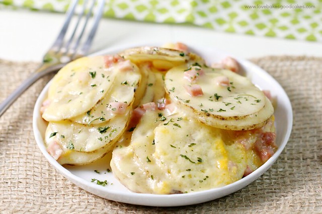 Cheesy Scalloped Potatoes with Ham close up on a plate with a fork.
