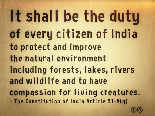 It shall be the duty of every citizen of India to protect and improve the natural environment including forests, lakes, rivers and wildlife and to have compassion for living creatures - Constitution of India